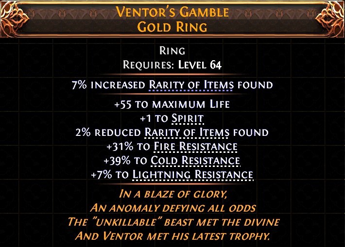Path of Exile 2 Return of the Ancients – UNIQUE Ventor’s Gamble Gold Ring