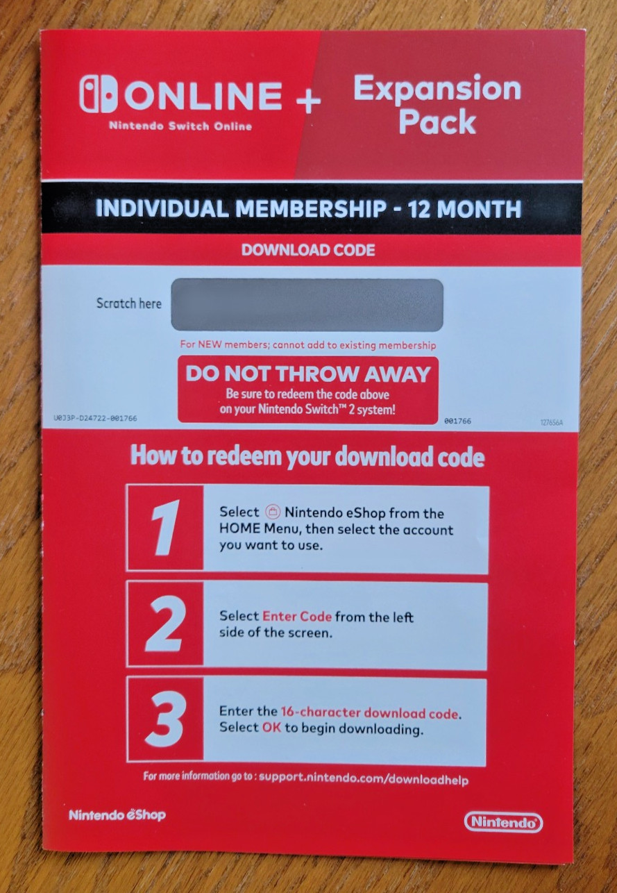 Nintendo Switch 2 Online+ Expansion Pack Individual Membership 12 Month Key Card