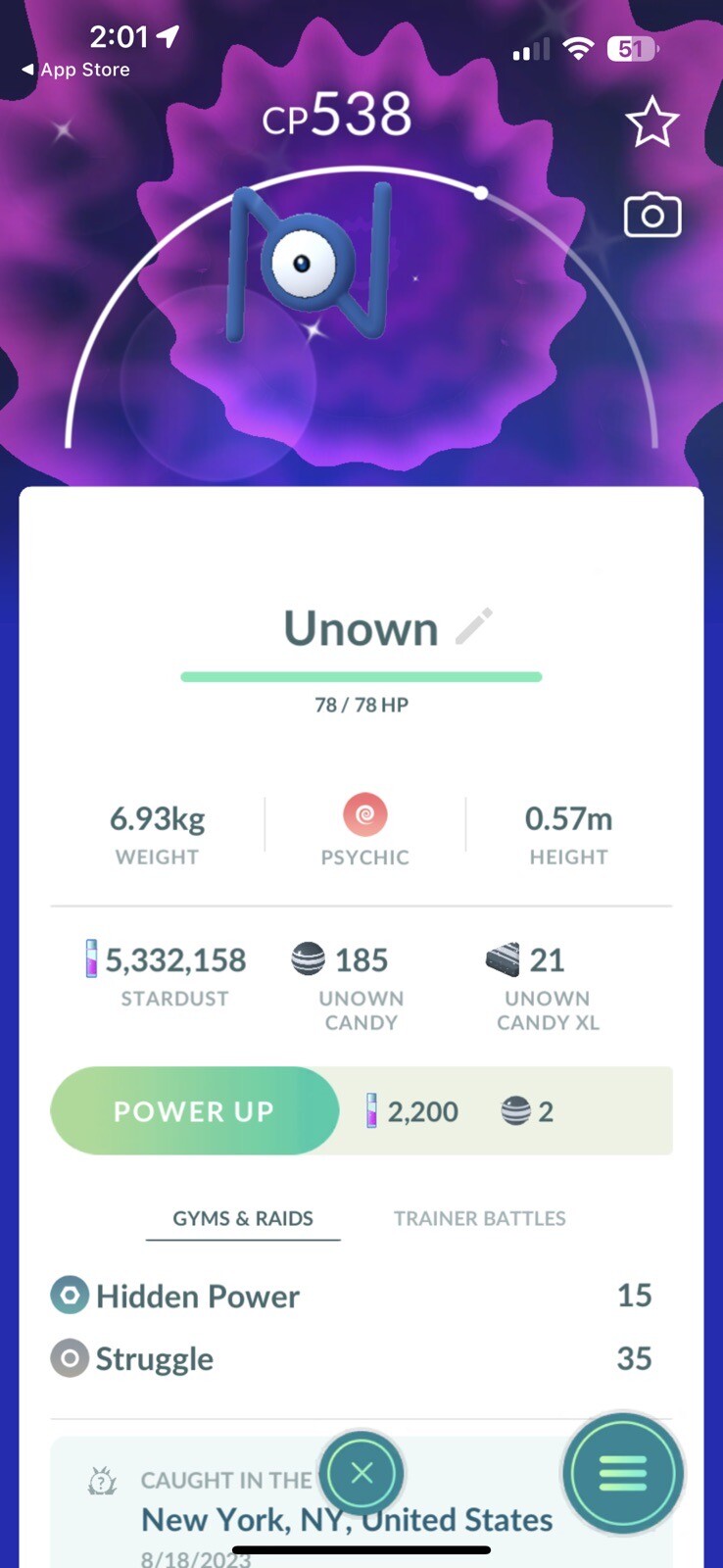Shiny Unown N Pokémon Go Trade (MAY COST 1 MILLION STARDUST)