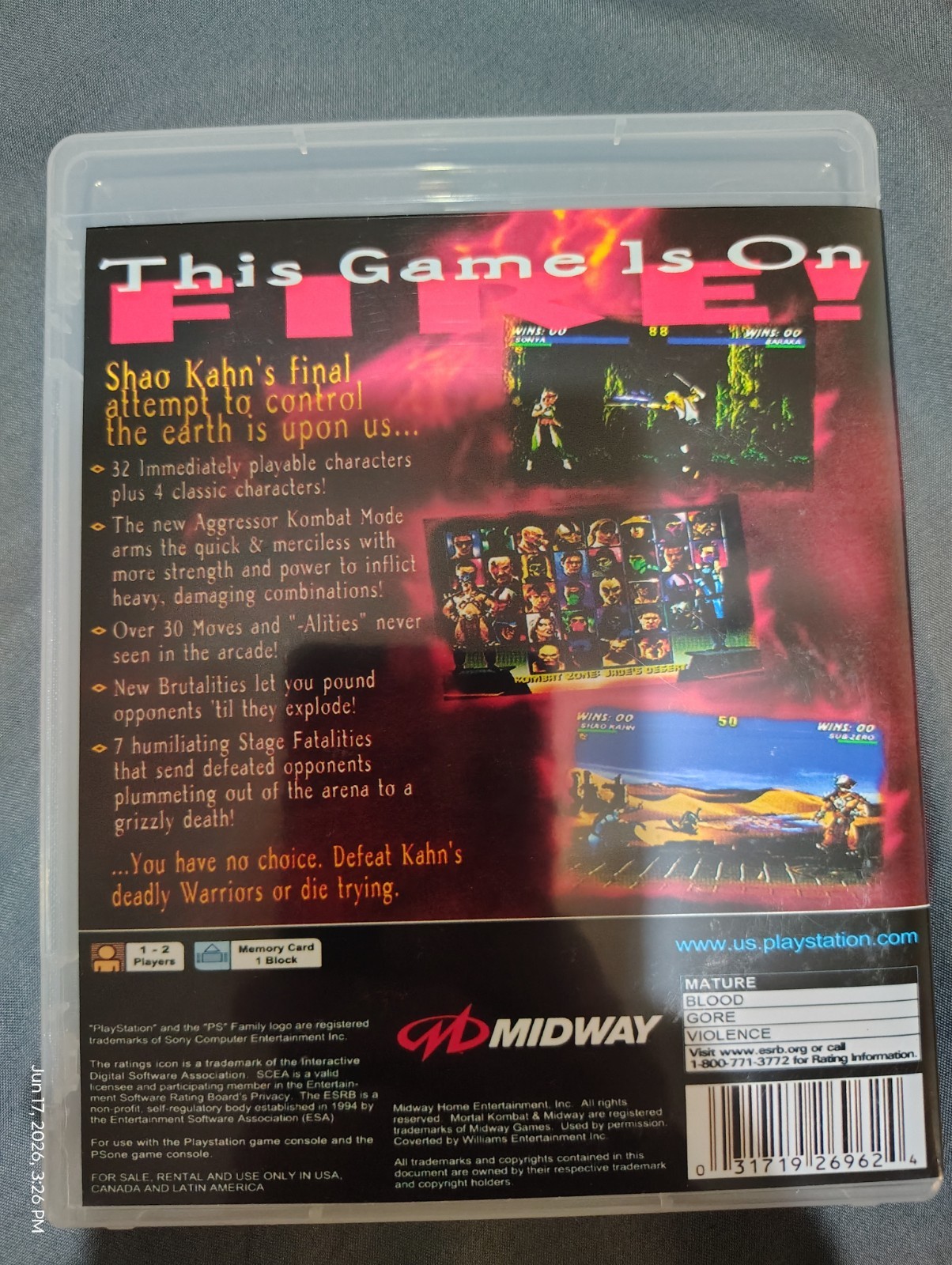 Midway Mortal Kombat Trilogy PS1 NTSC-U/C M Mature Fighting Multiplayer