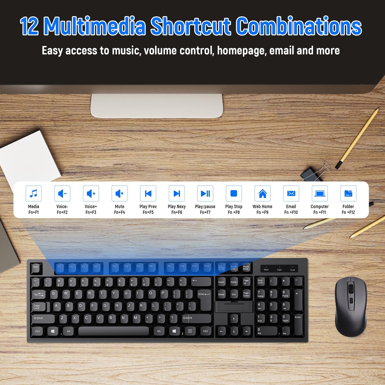 Wireless Keyboard and Mouse Combo-Full Size QWERTY Layout 2.4G Stereo black