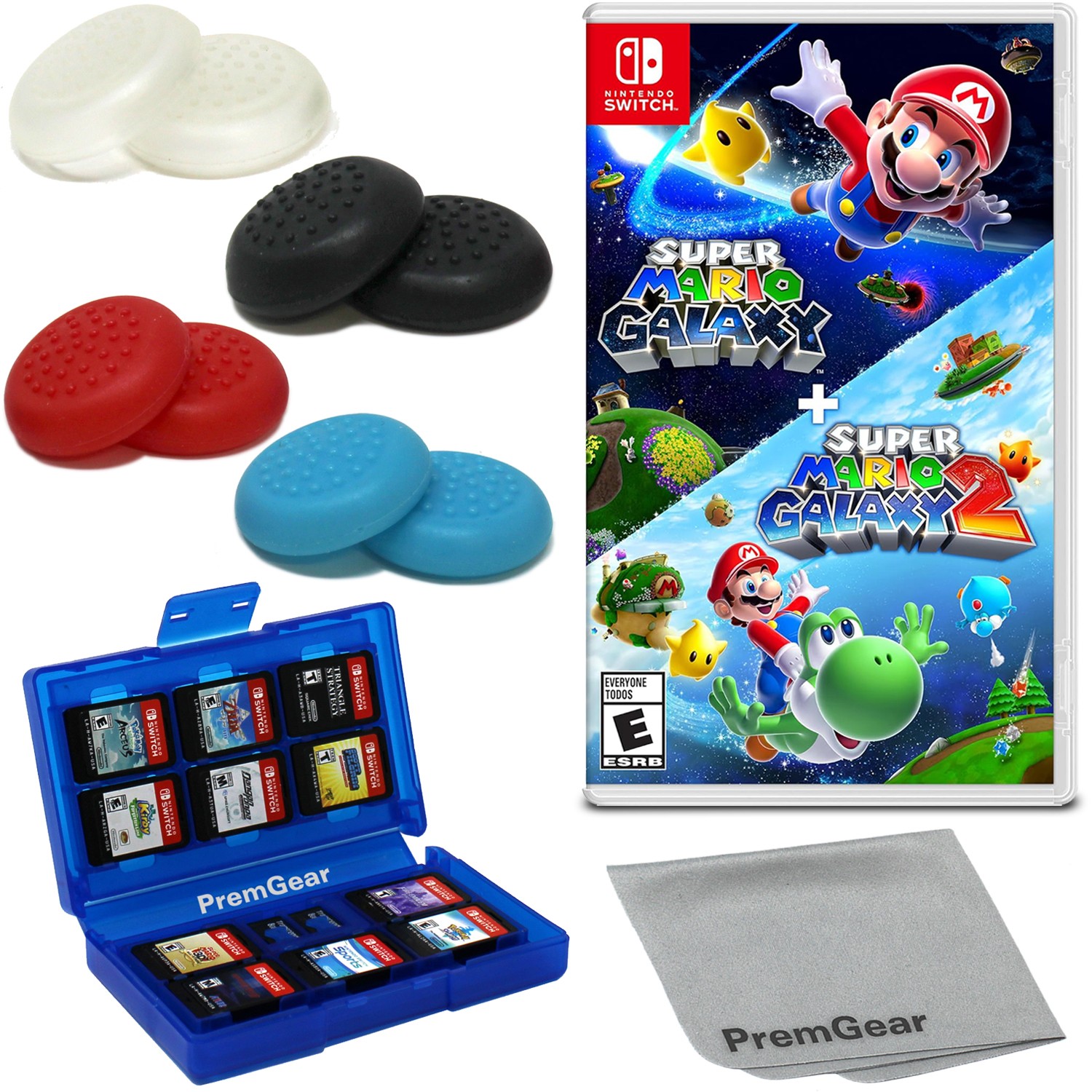 Super Mario Galaxy + Super Mario Galaxy 2, Thumb Grips 8pk, Game Holder & Cloth