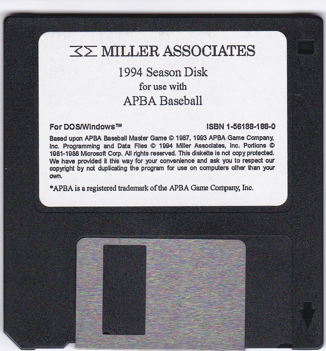 APBA Baseball 1994 Season Data Disk Miller Associates Software EX