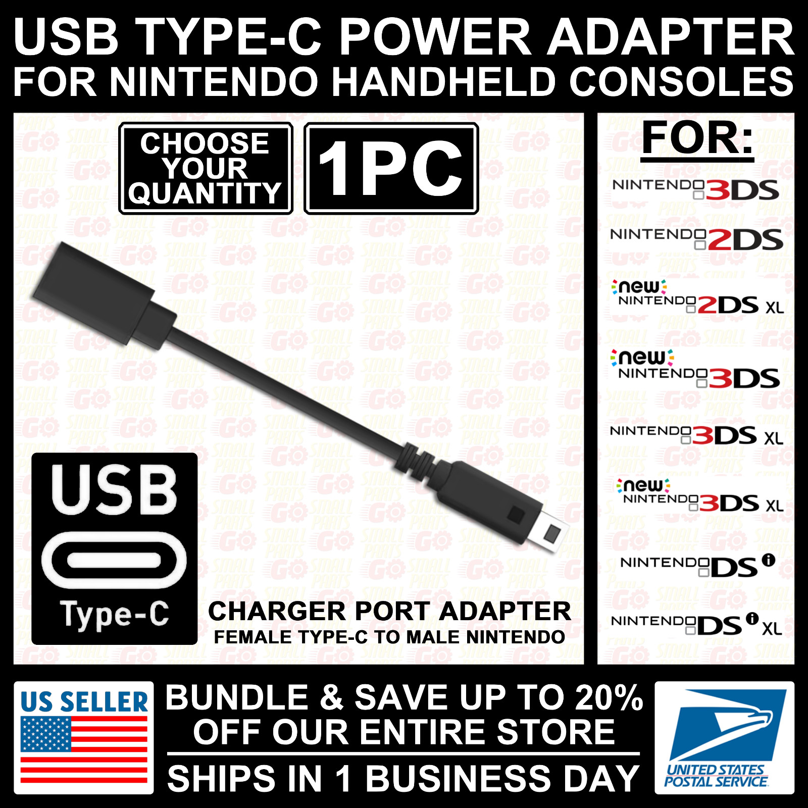 USB Type-C Adapter Converter Charger Cable for Nintendo New/3DS/2DS/DSi/XL/LL