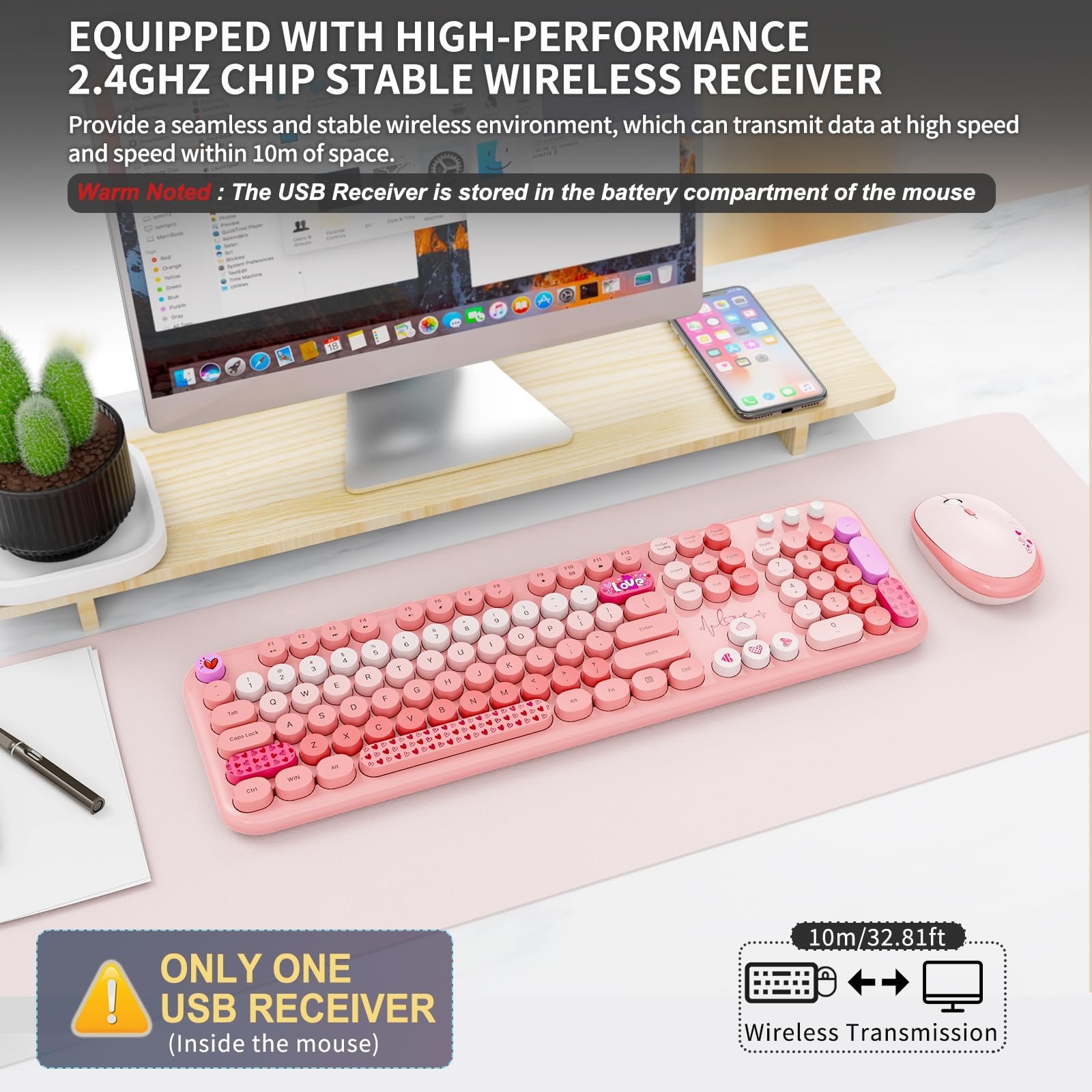Wireless Keyboard and Mouse Combo, 104 Round Keys Full-Size Cute Colorful Pin…