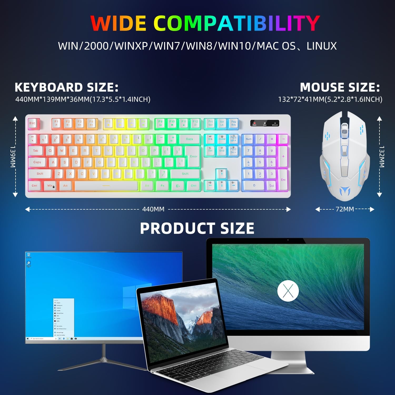 Wireless Gaming Keyboard and Mouse Combo – RGB Backlit, Rechargeable, White