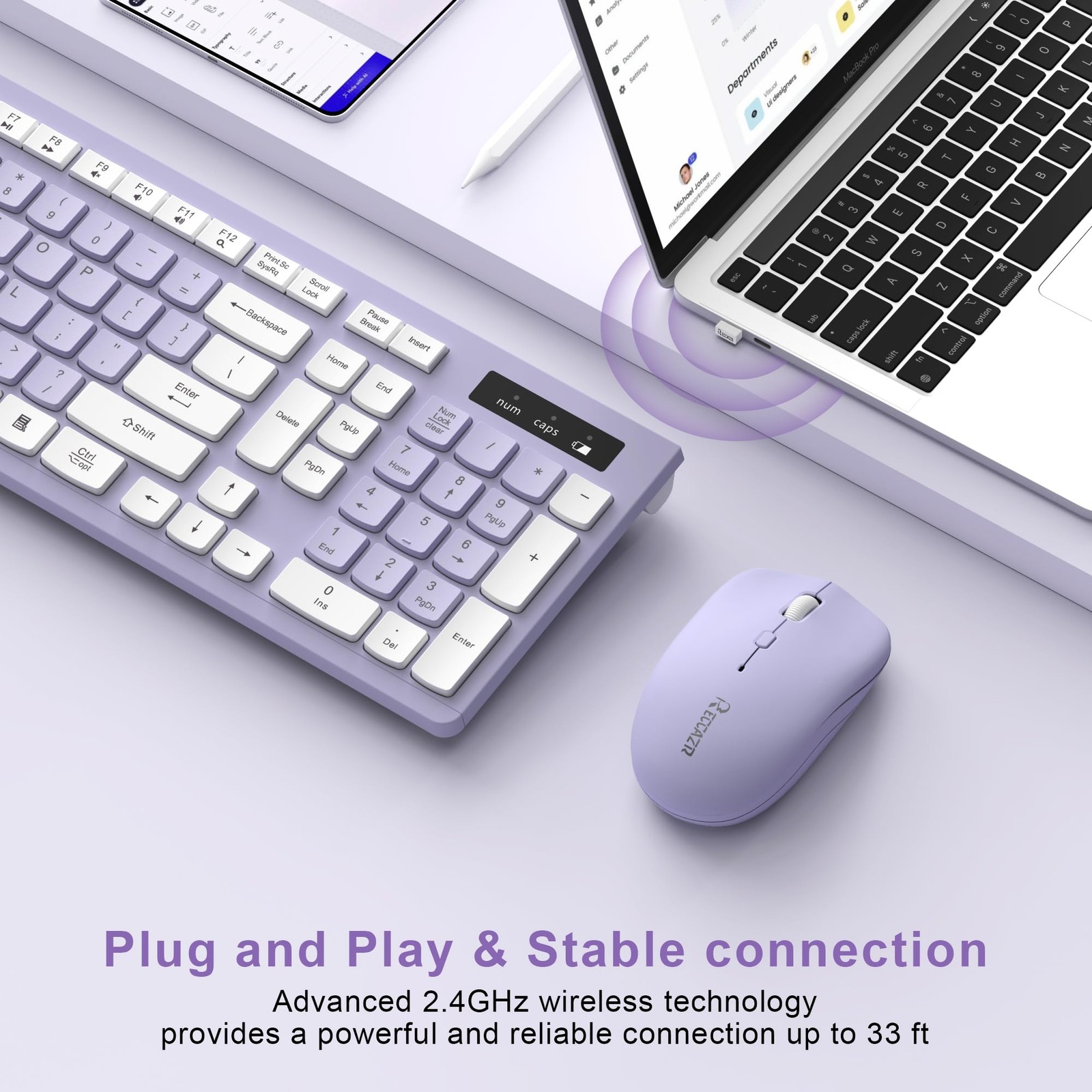 Wireless Keyboard and Mouse Combo, Full-Sized Purple