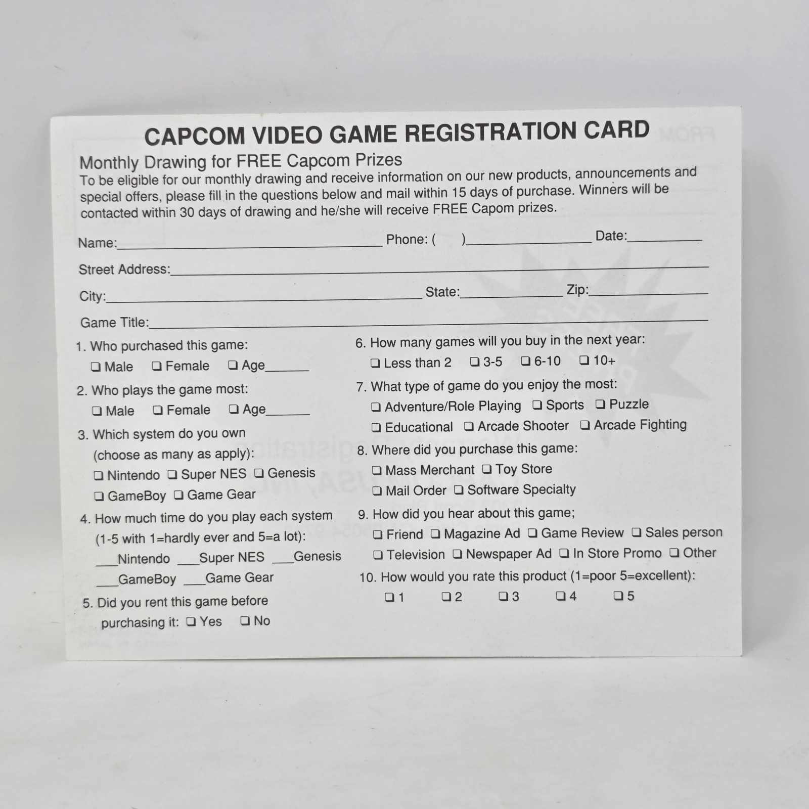 Capcom USA Super Nintendo SNES Registration Card Mailer Insert ONLY CAP-SNS-US-1