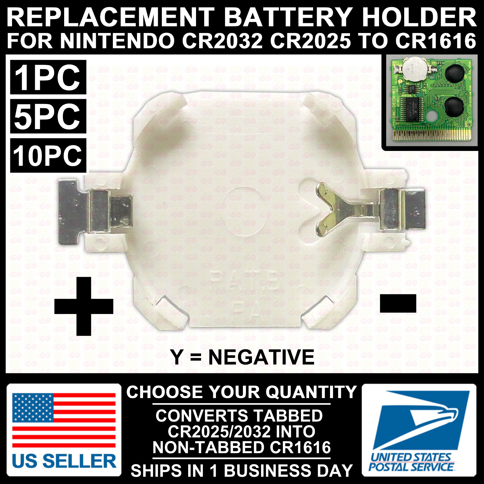 Game Boy CR2032 CR2025 to CR1616 Tab Battery Holder Replacement for SRAM Tabbed