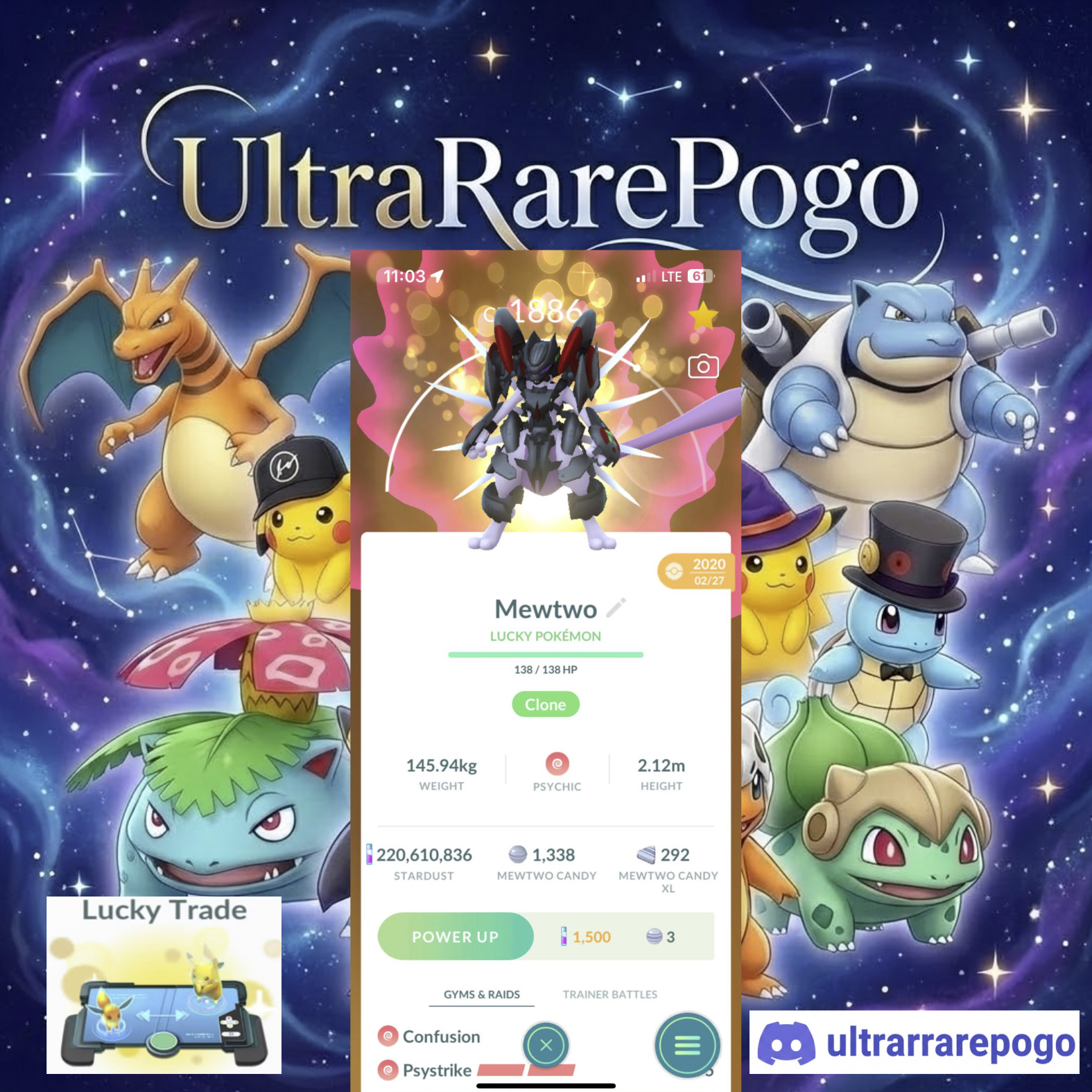 Armored Mewtwo – Guaranteed Lucky – Registered or 1M- Pokémon GO