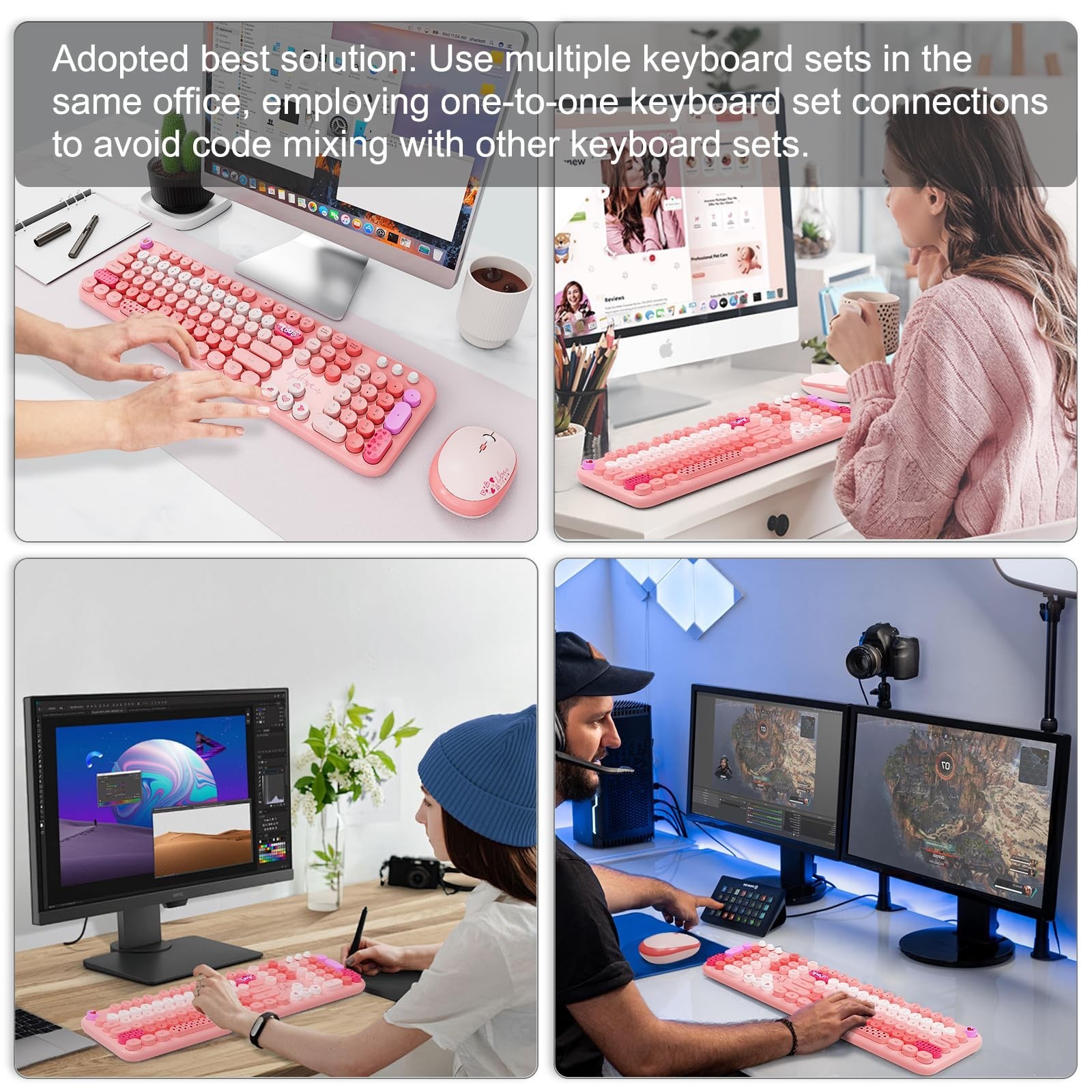 Wireless Keyboard and Mouse Combo, 104 Round Keys Full-Size Cute Colorful Pin…