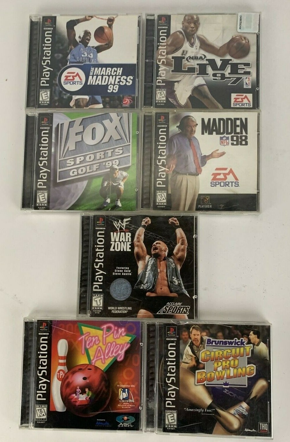 Lot of 7 – PS1 Video Games w/ Manuals Golf Basketball Football Bowling Wrestling