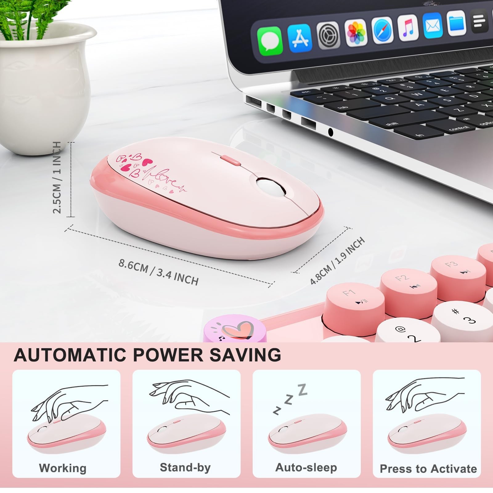 Wireless Keyboard and Mouse Combo, 104 Round Keys Full-Size Cute Colorful Pin…