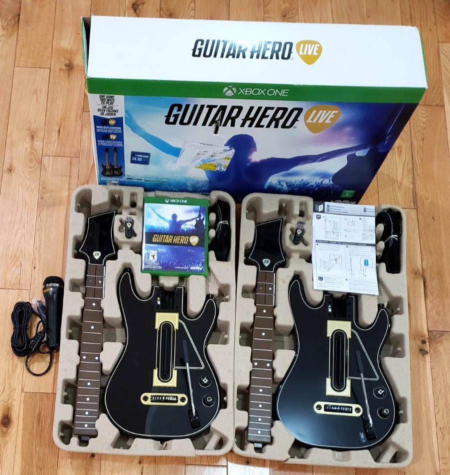 Xbox ONE Guitar Hero Live IOB Bundle: 2 Guitars & Dongles Straps, Game + TESTED!