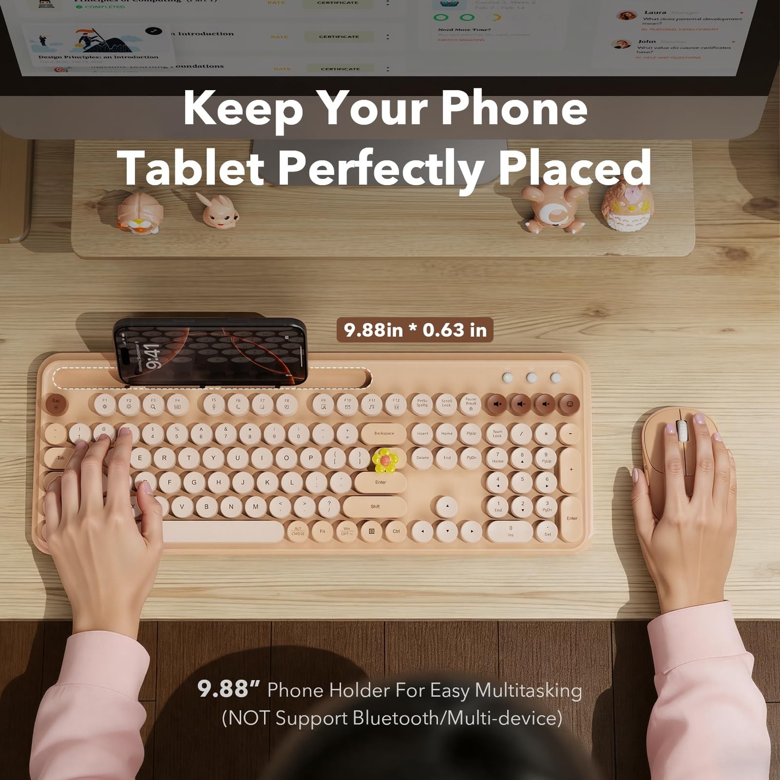 Wireless Keyboard and Mouse Combo with Retro Round Keycaps, Full-Size Cute Ty…